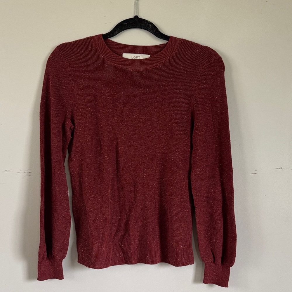 LOFT Red Donegal Knit Sweater Crew Neck Speckled Cozy Fall Pullover Small